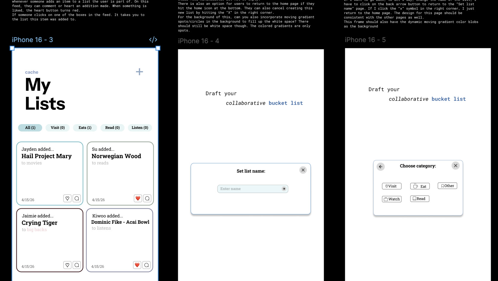 Listly screens in development alongside the code that drives them