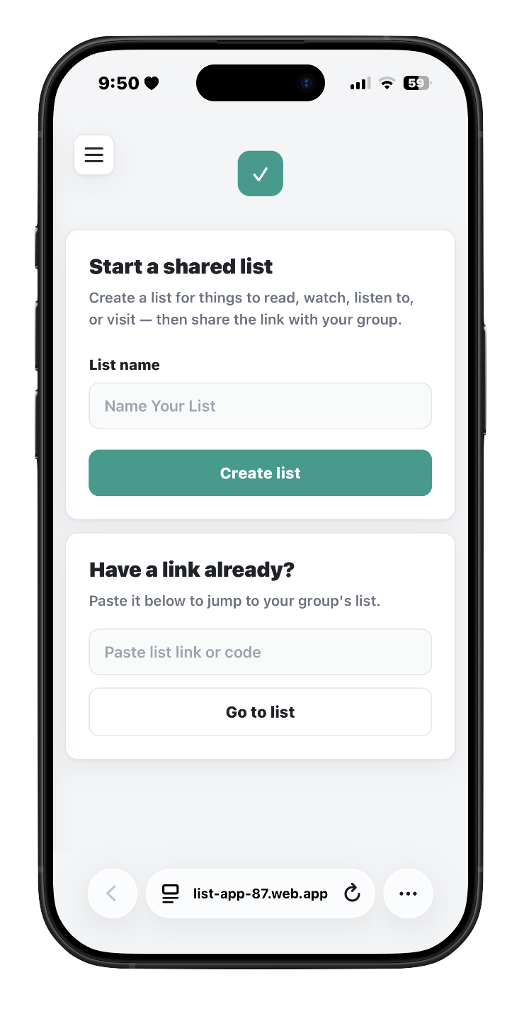 Listly start screen: create a shared list