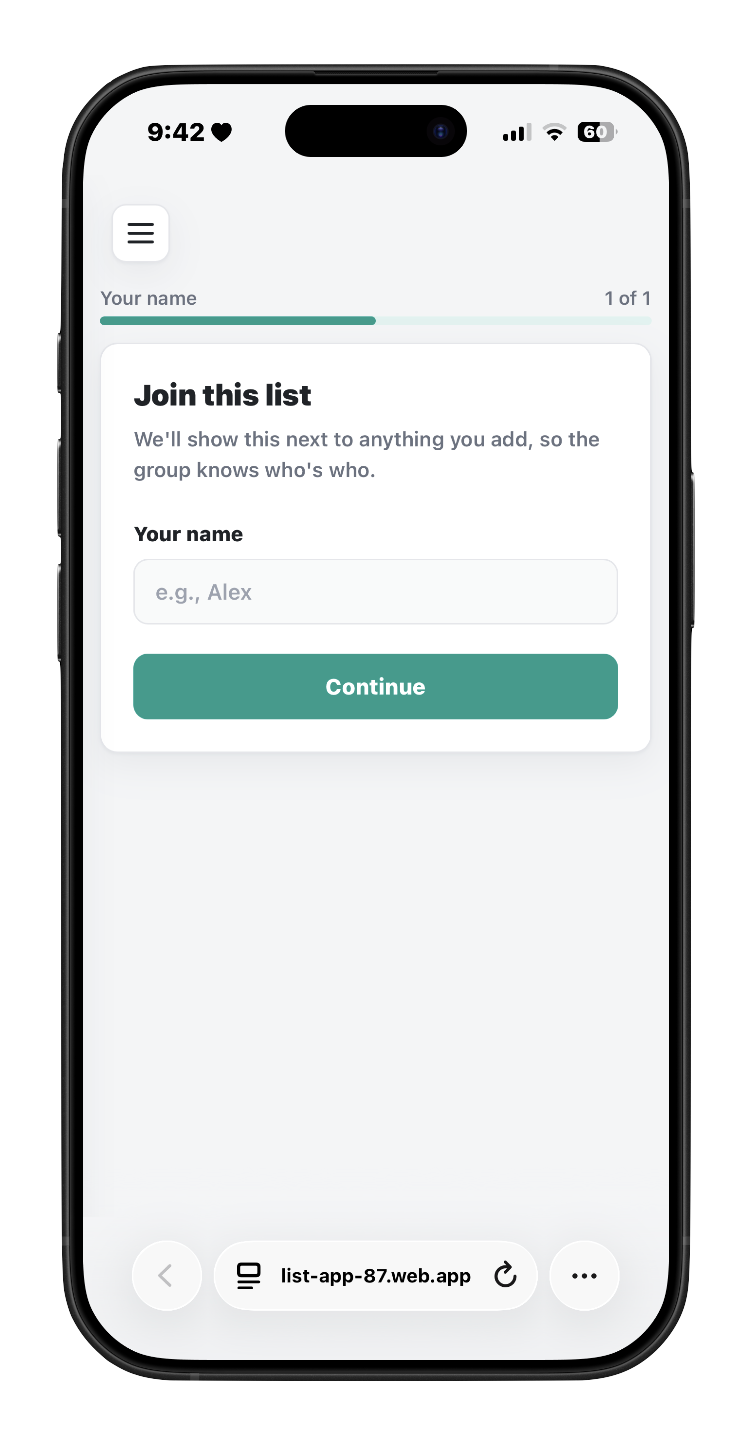 Listly join screen: enter your name