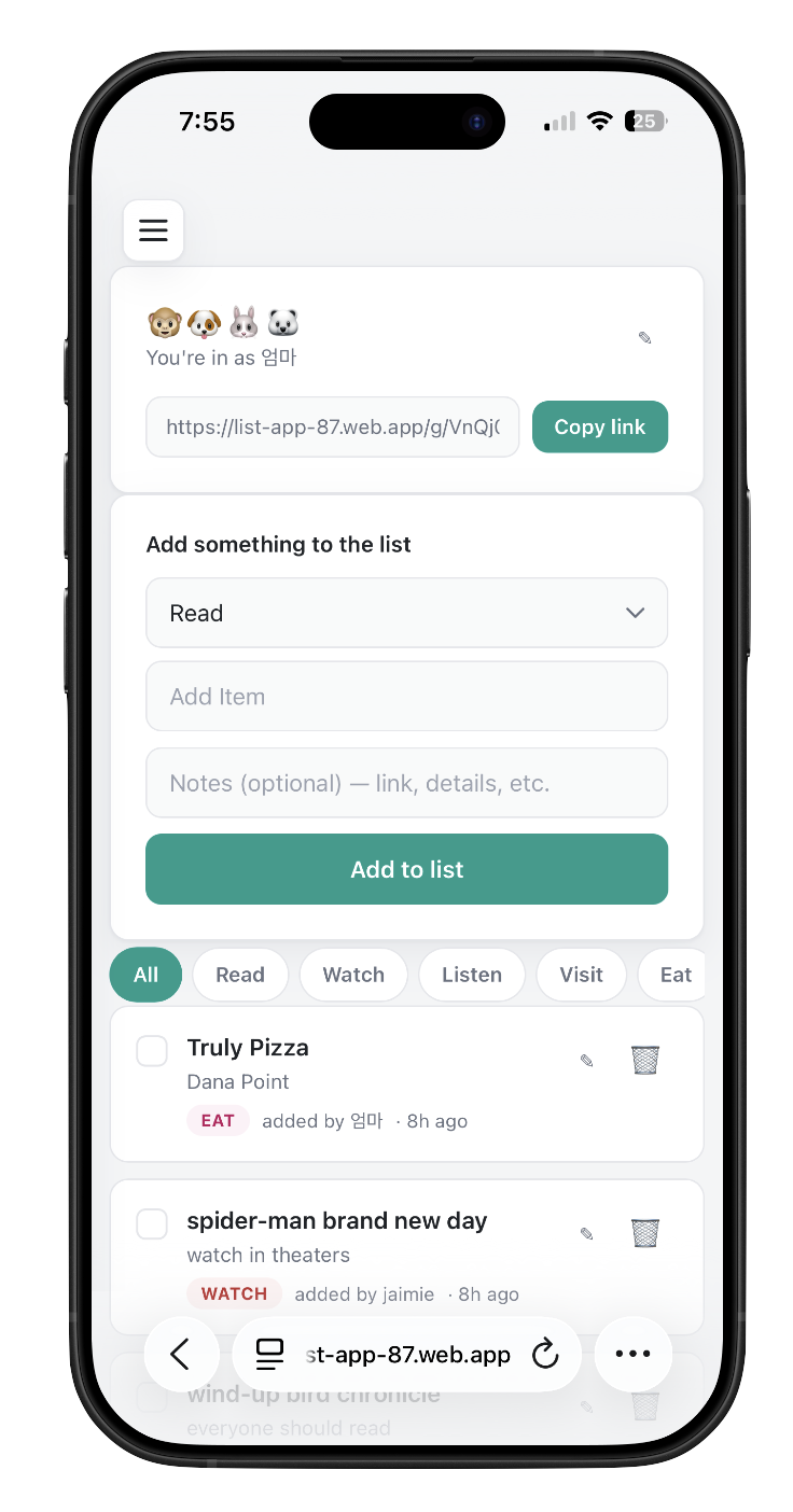 A shared Listly list with tagged items
